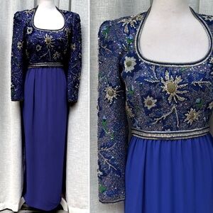 Richilene 1980 Royal Blue beaded Embellished top Evening Gown